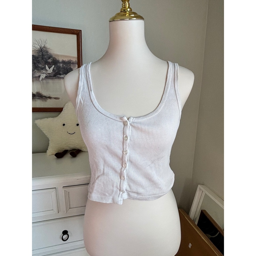 White Ribbed Tank Top Brandy Melville Cropped Henley Button Front Basic Y2K